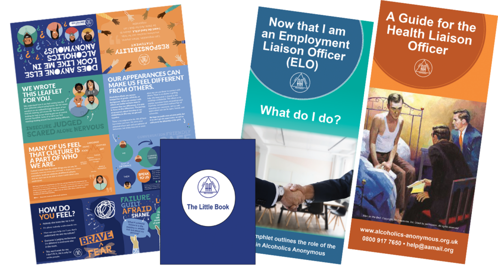 Image of the covers of various AA literature leaflets